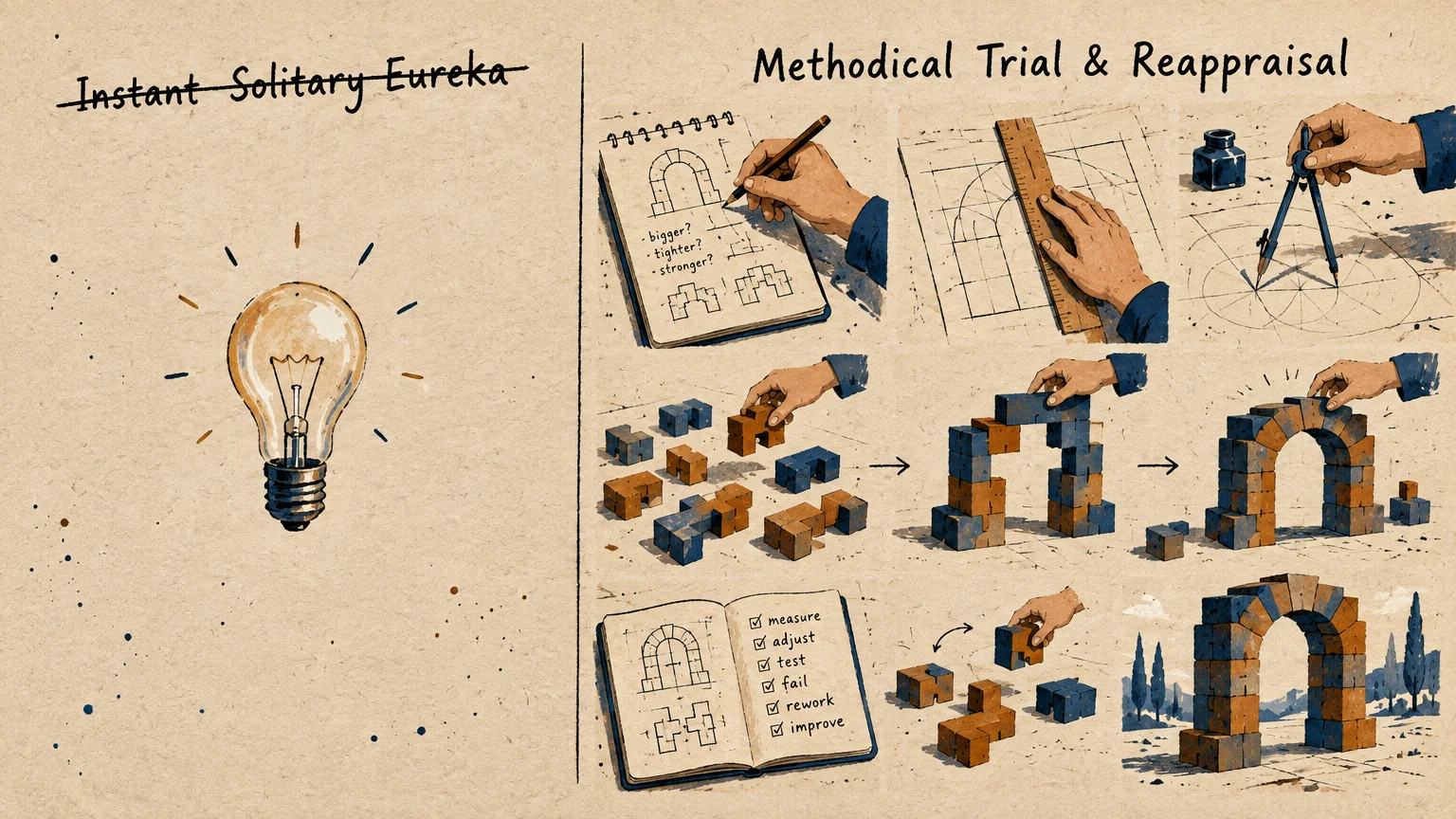 Illustration contrasting a lightbulb with a multi-step architectural process of sketching, measuring, and building an arch.