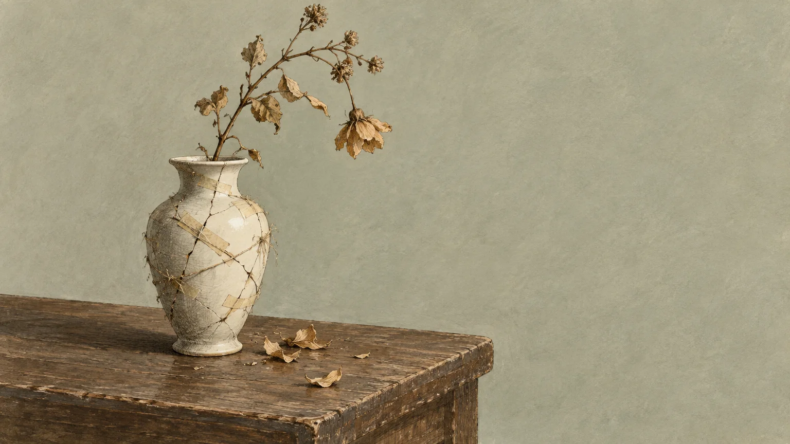 Cracked ceramic vase repaired with tape and string holds a dried, wilting flower on a rustic wooden table.