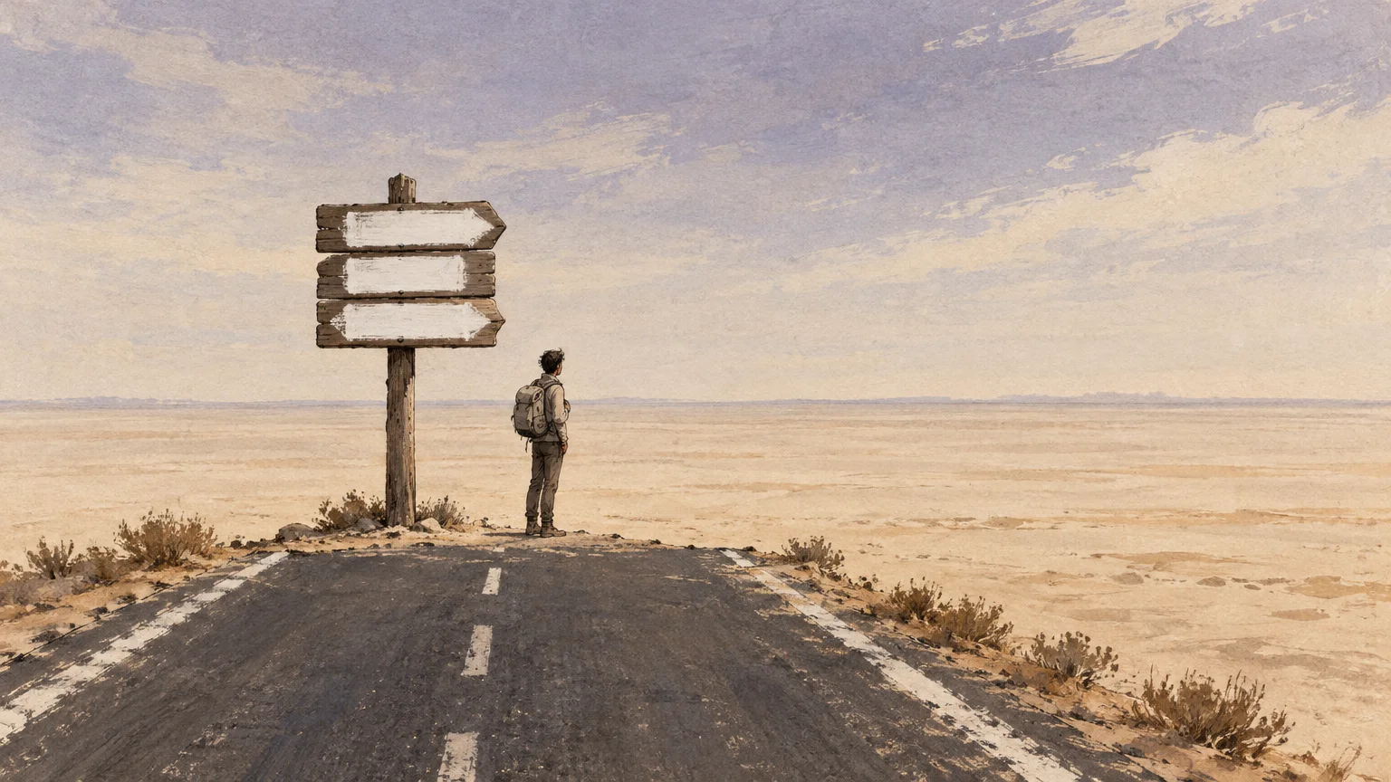 Illustration of a traveler standing at a dead-end road beside blank wooden directional signs facing an empty desert.