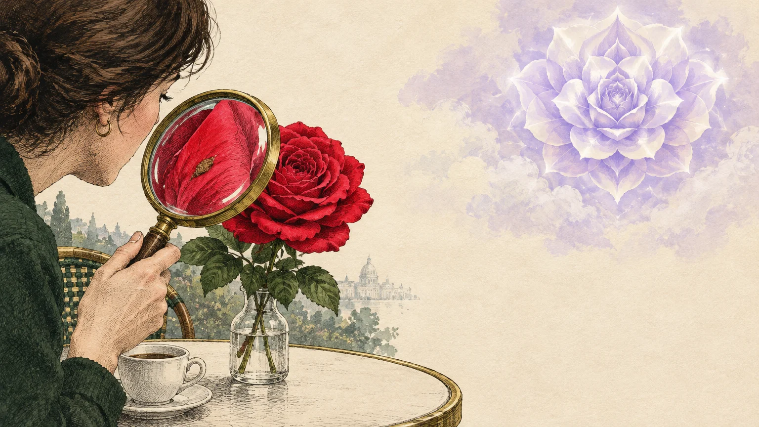 Illustration of a woman examining a red rose with a magnifying glass while an ethereal purple flower glows in the clouds.