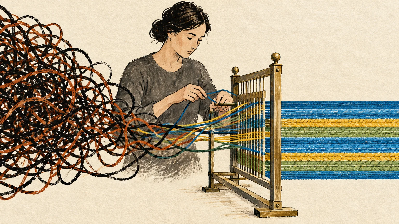 A woman untangles a messy web of dark cords and weaves them into neat, colorful rows using a wooden loom.