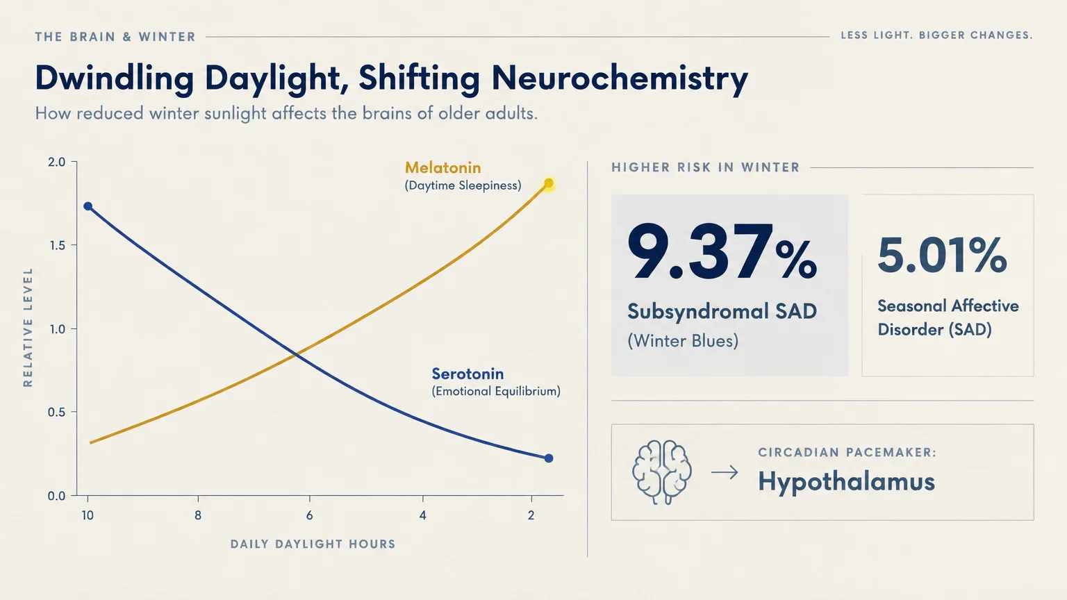 Line chart showing melatonin rising and serotonin falling as daylight hours decrease, alongside seasonal affective disorder rates.