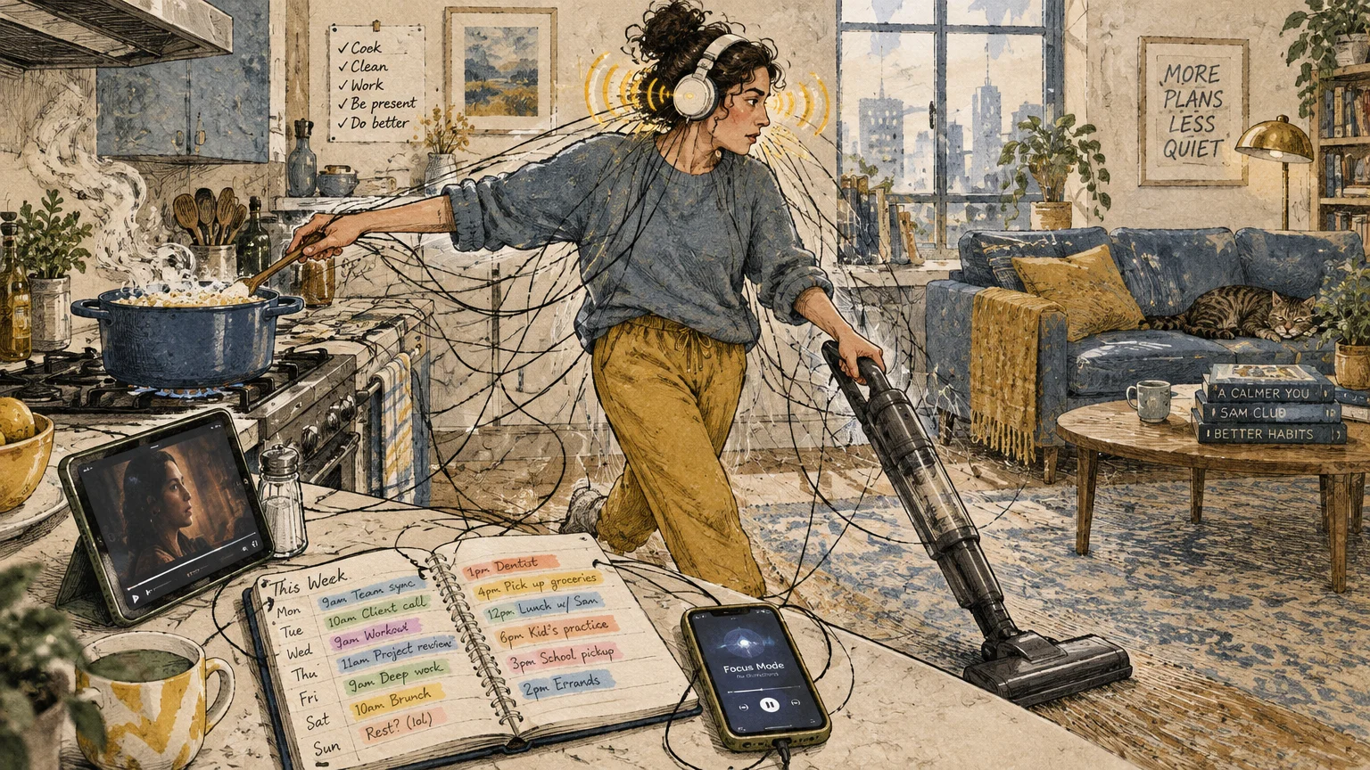 A woman wearing headphones vacuums and stirs a boiling pot at once, surrounded by tangled wires, screens, and a planner.