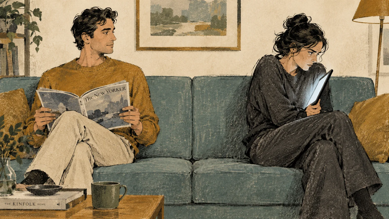 A man reading a magazine on a couch looks over at a woman angling a glowing tablet away from his view.