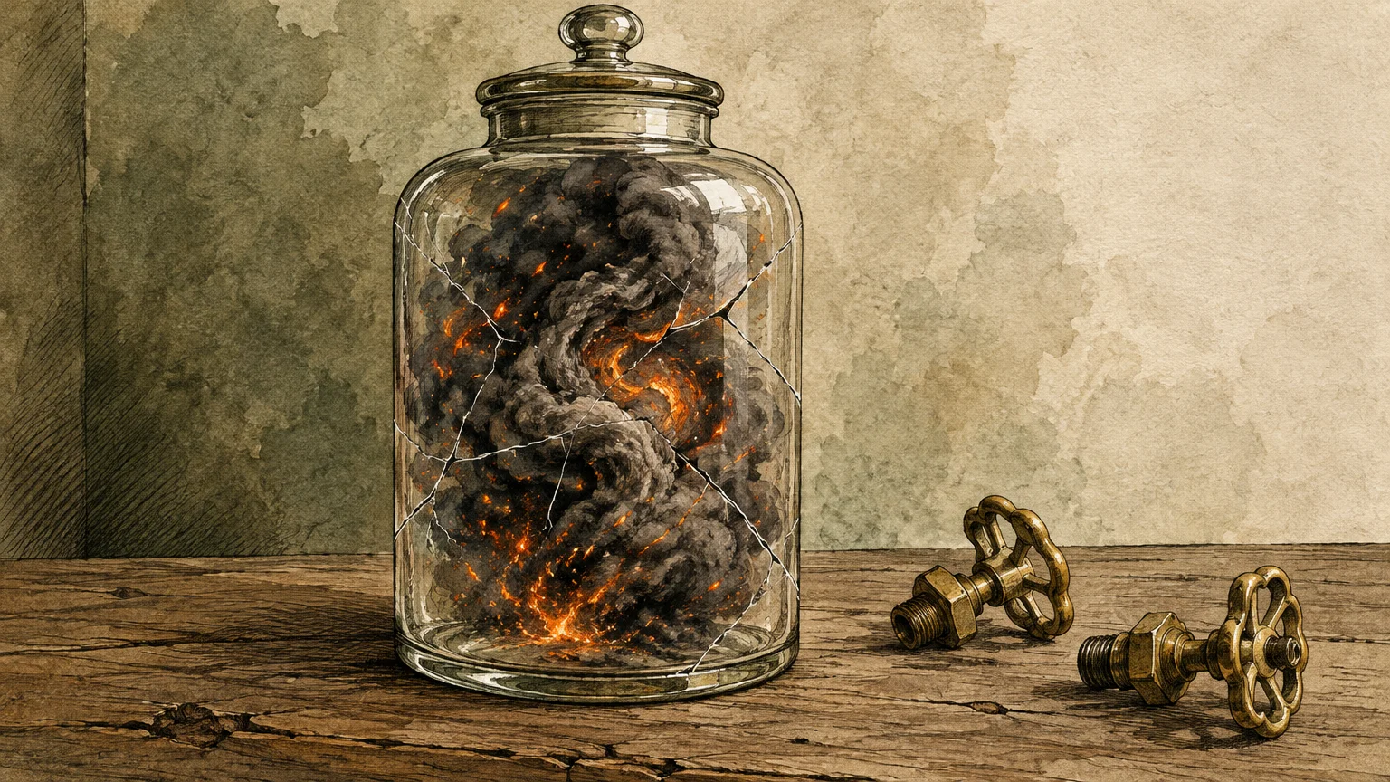 A cracked glass jar containing fiery black smoke sits on a wooden surface beside two detached brass valves.