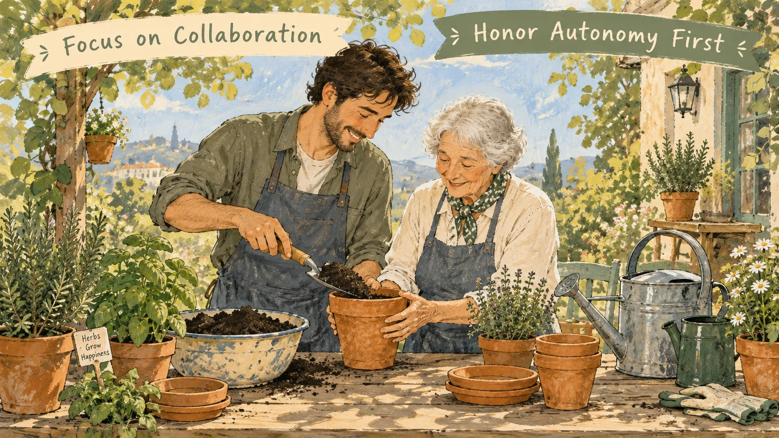 Illustration of an adult son and senior mother smiling as they pot plants together at an outdoor table.