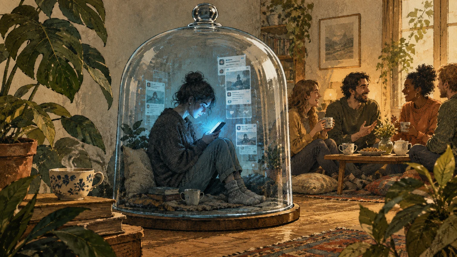 Illustration of a woman looking at her glowing phone inside a glass cloche while friends gather socially nearby.