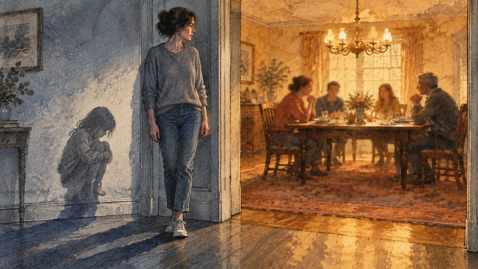 Illustration of a woman casting a shadow of a curled-up child while observing a family gathered around a dining table.