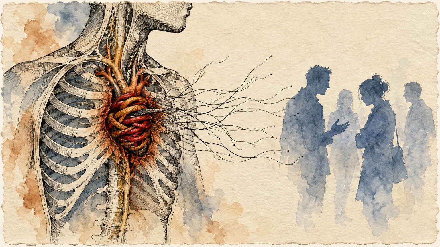 Anatomical sketch of a torso with threadlike fibers extending from a bound heart toward watercolor silhouettes of people.