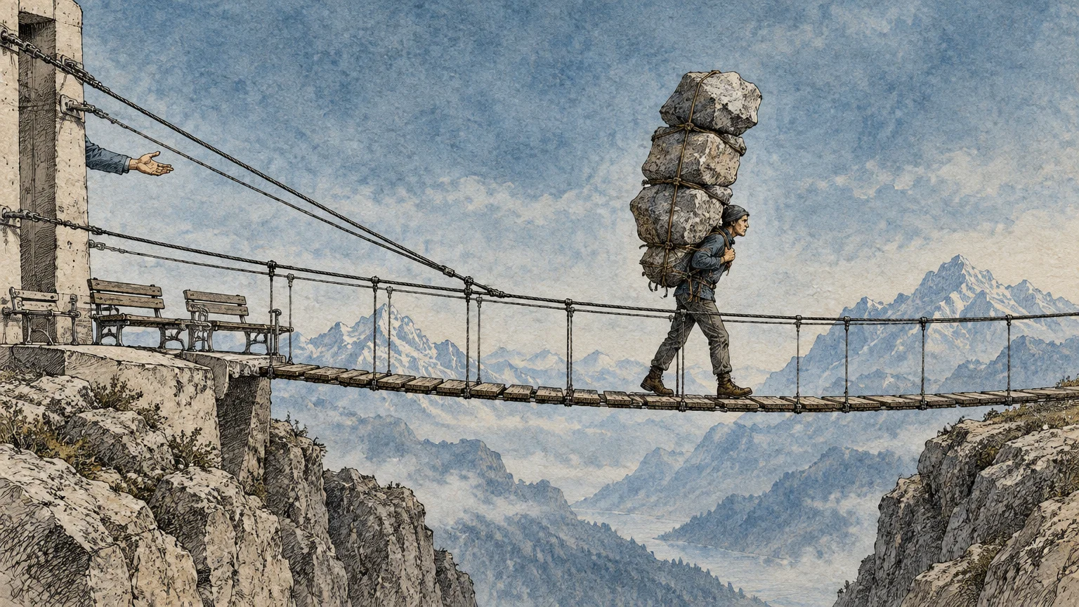 Illustration of a man carrying heavy boulders across a mountain rope bridge toward an outstretched hand.