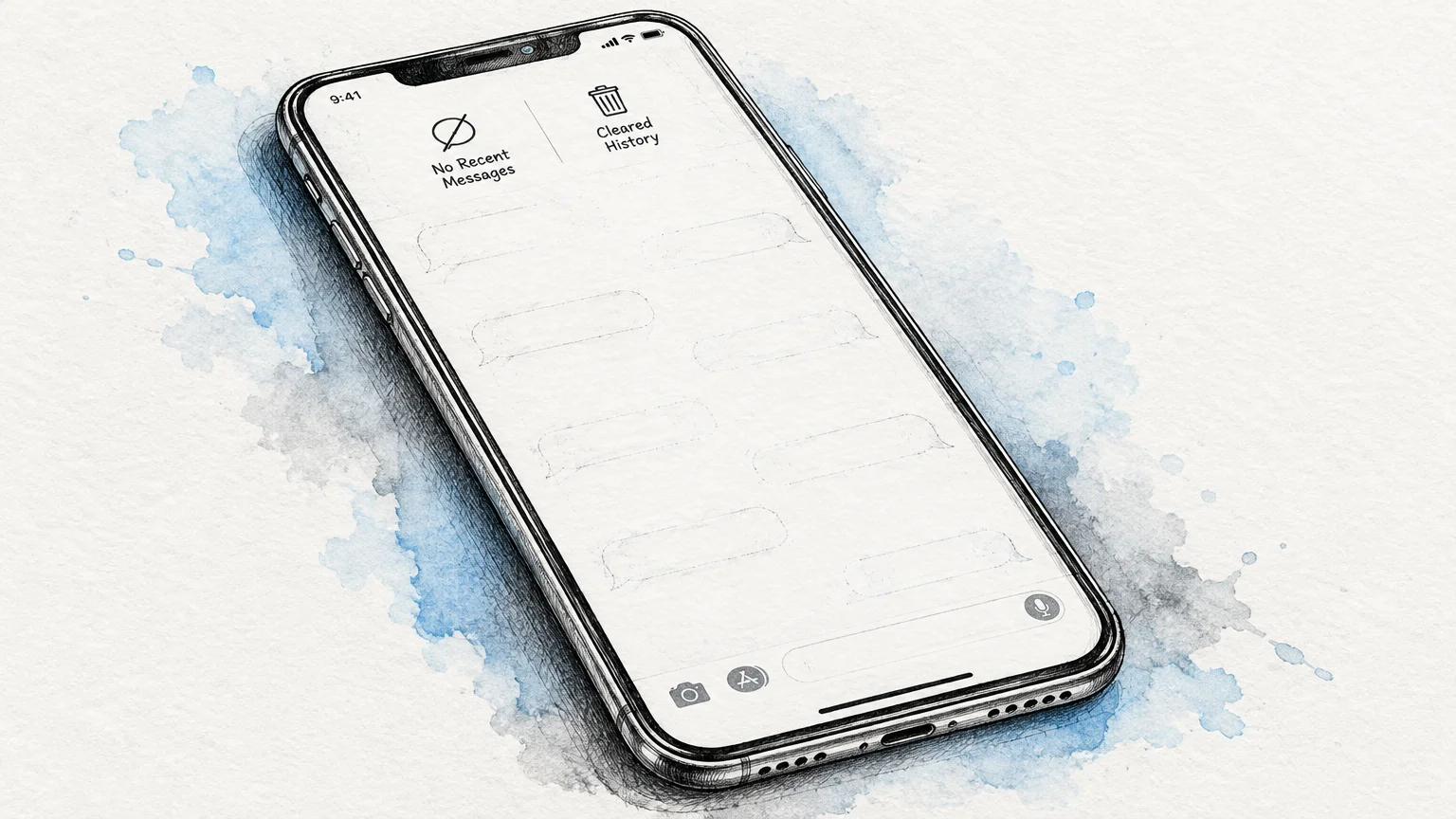 Sketch illustration of a smartphone screen displaying "No Recent Messages" and "Cleared History" icons over faint empty chat bubbles.