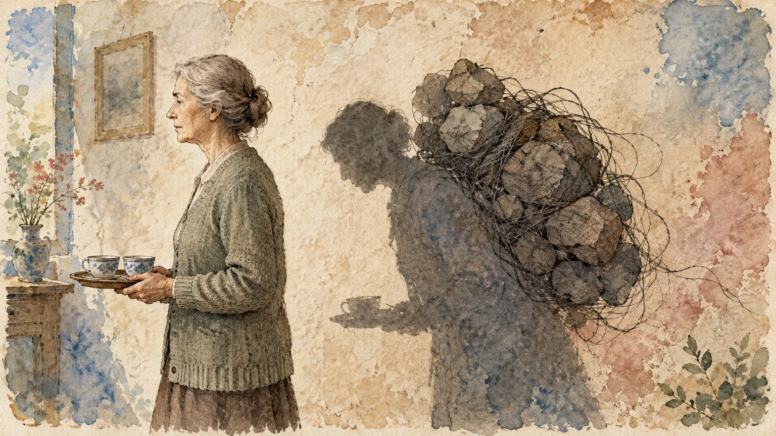 An older woman carries a tea tray, casting a dark shadow weighed down by a heavy bundle of stones and wire.