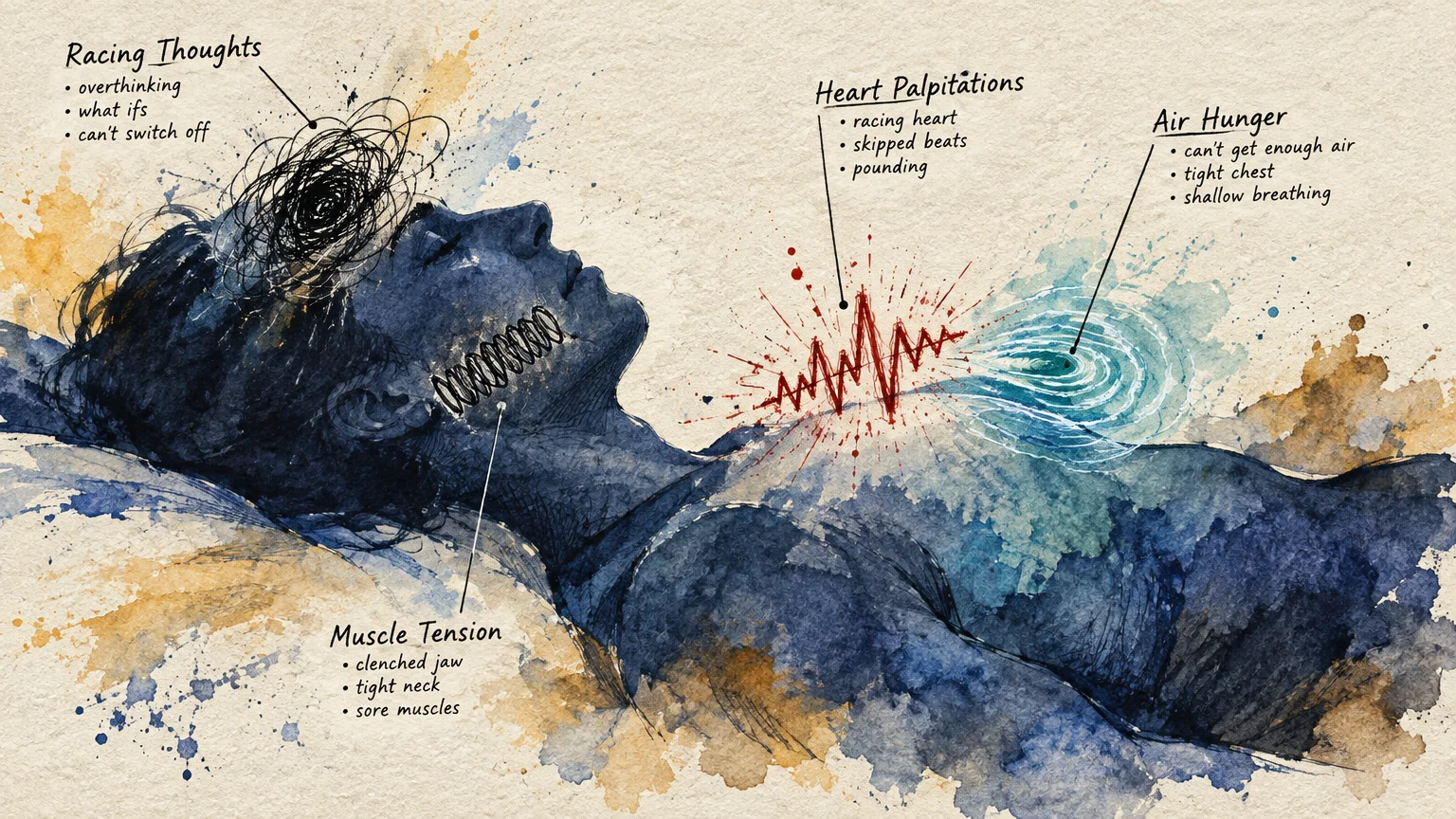 Watercolor illustration of a person lying down with diagram labels for racing thoughts, muscle tension, and palpitations.