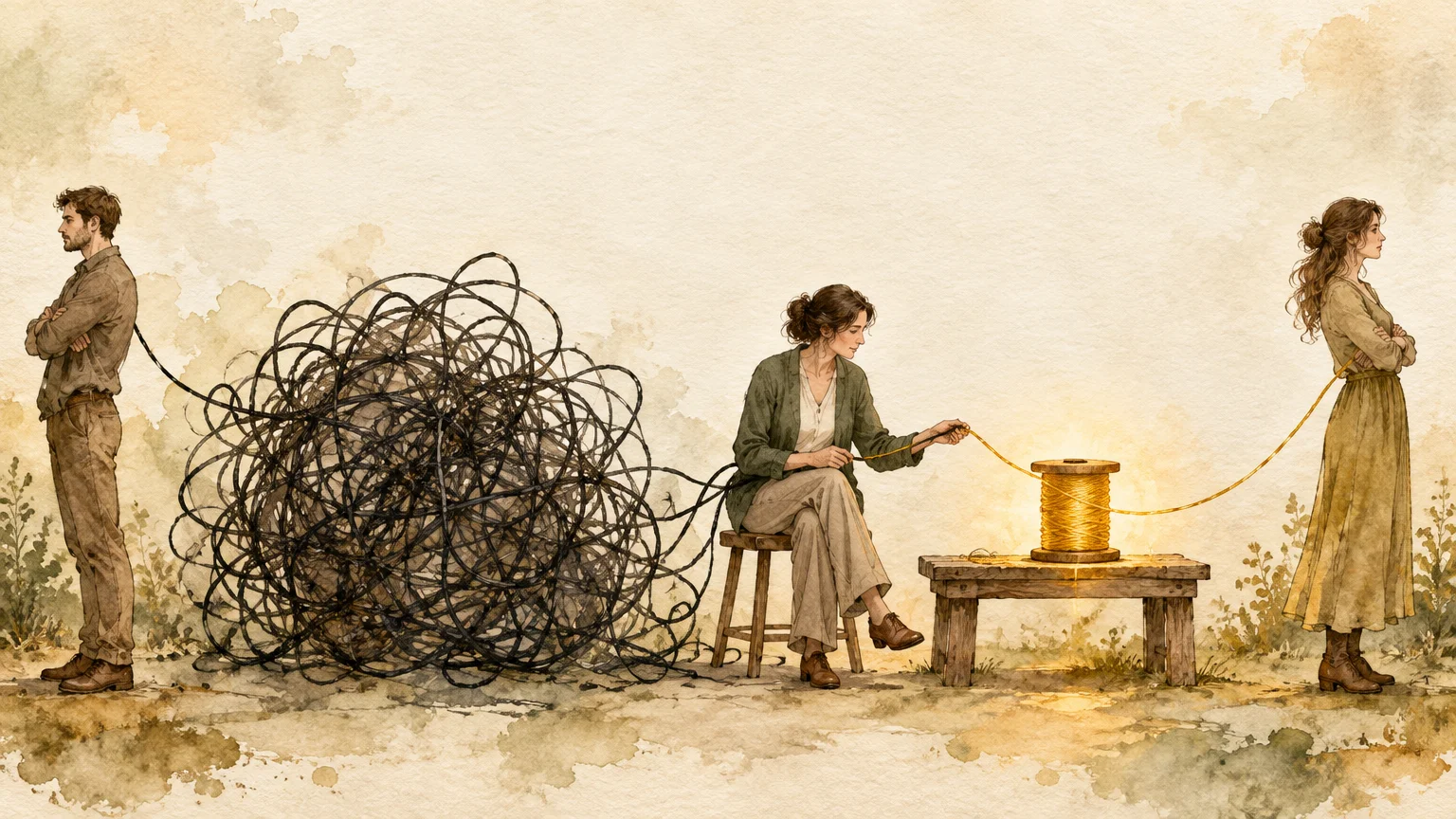 Illustration of a woman untangling a massive dark knot of thread into a neat golden spool between an estranged couple.