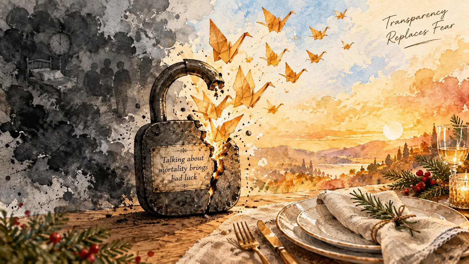 A broken padlock on a dinner table releases origami cranes toward a sunset, splitting dark clouds and bright skies.
