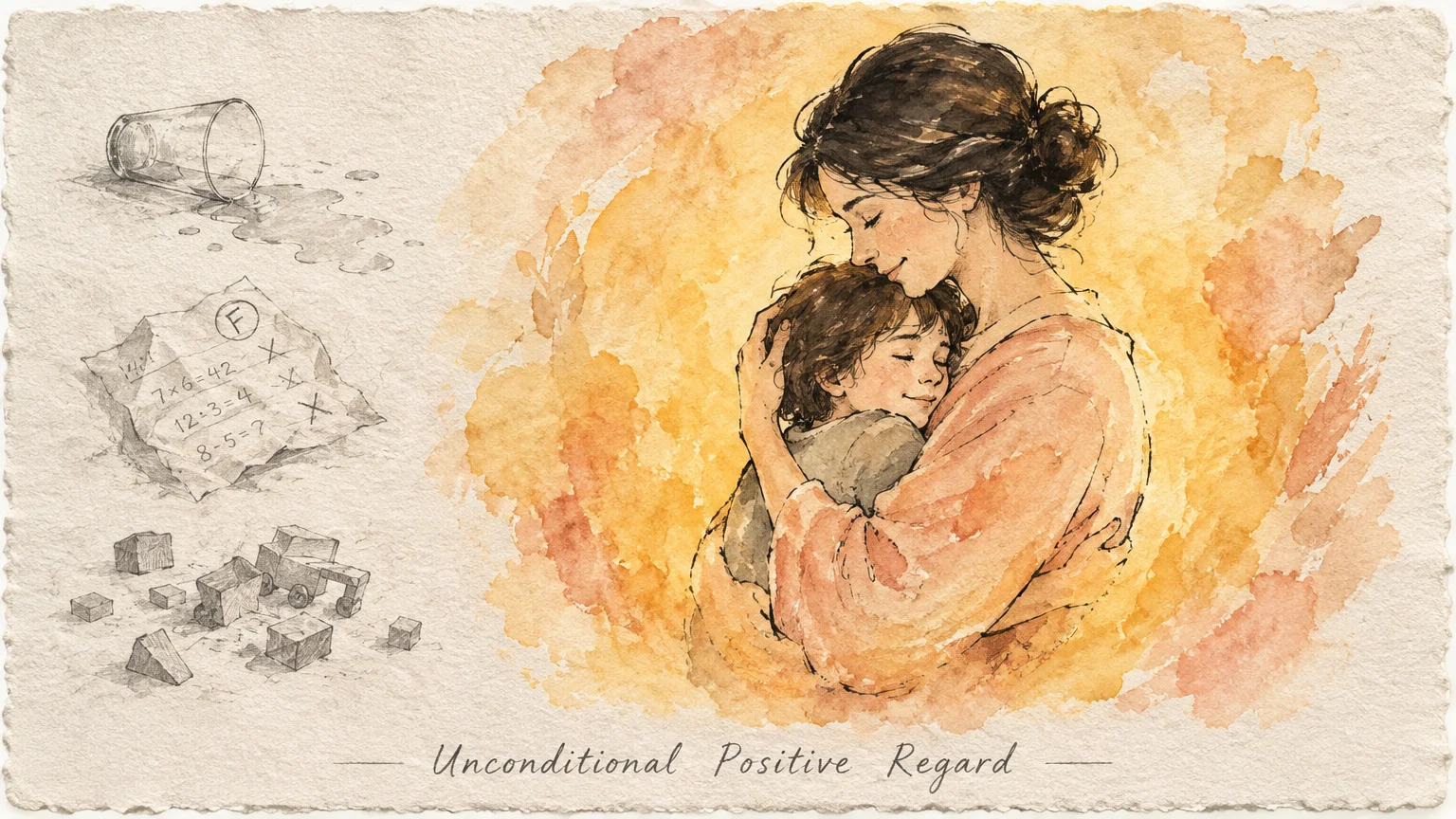 Watercolor illustration of a mother embracing her child beside sketches of spilled water, a failed test, and broken toys.