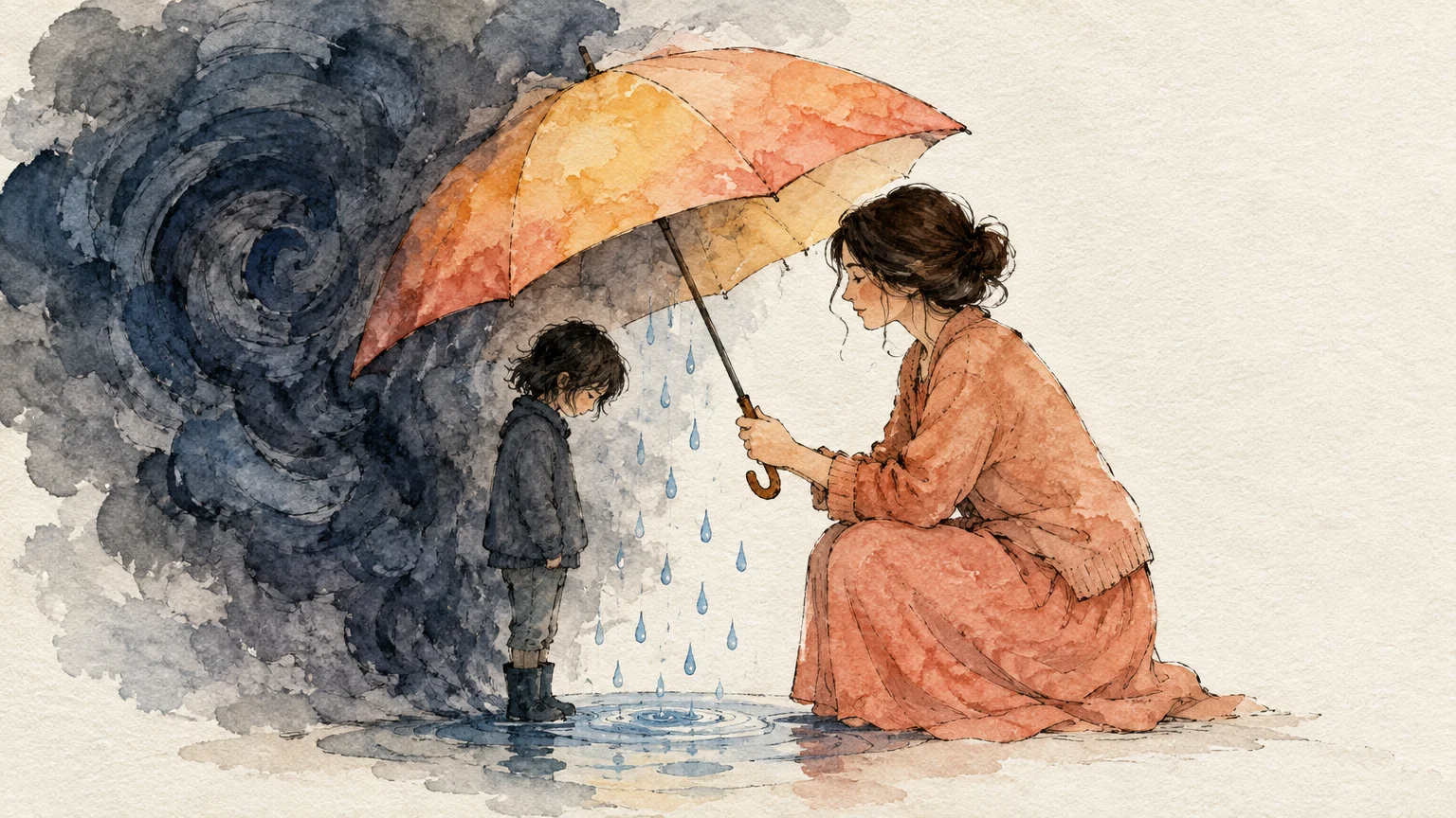 Watercolor illustration of a woman kneeling to hold an orange umbrella over a sad child standing in the rain.