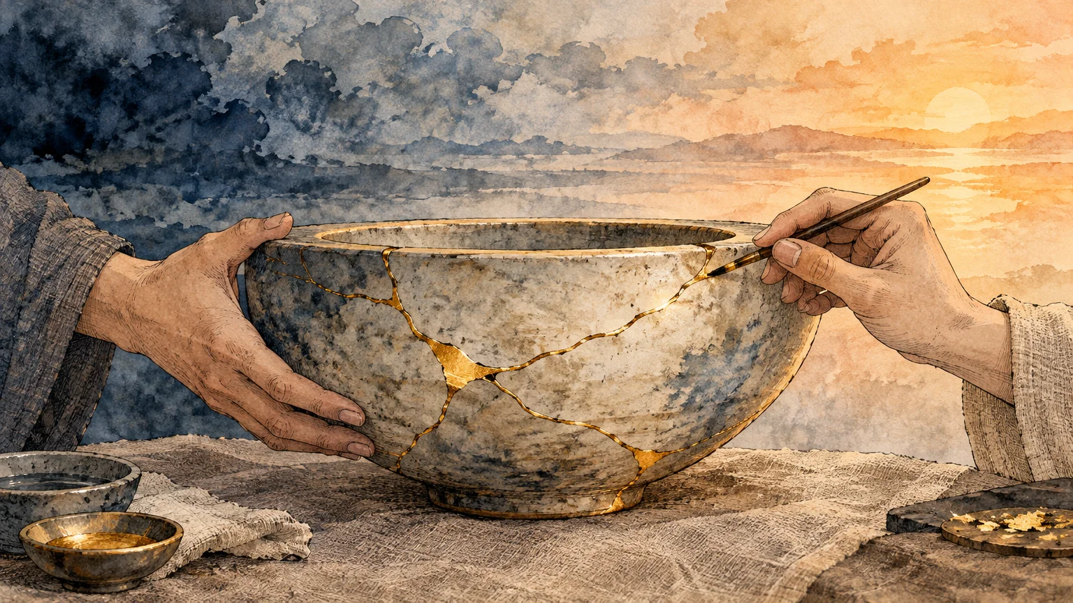 Hands repairing a cracked stone bowl with gold lacquer in kintsugi style against a stormy to sunrise sky.
