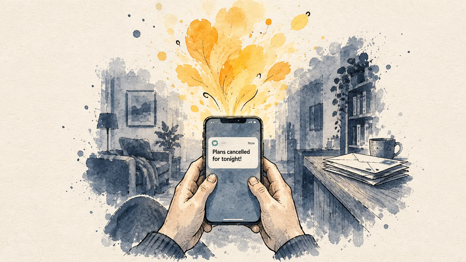 Watercolor illustration of hands holding a smartphone displaying a "Plans cancelled for tonight!" text with glowing yellow splashes.