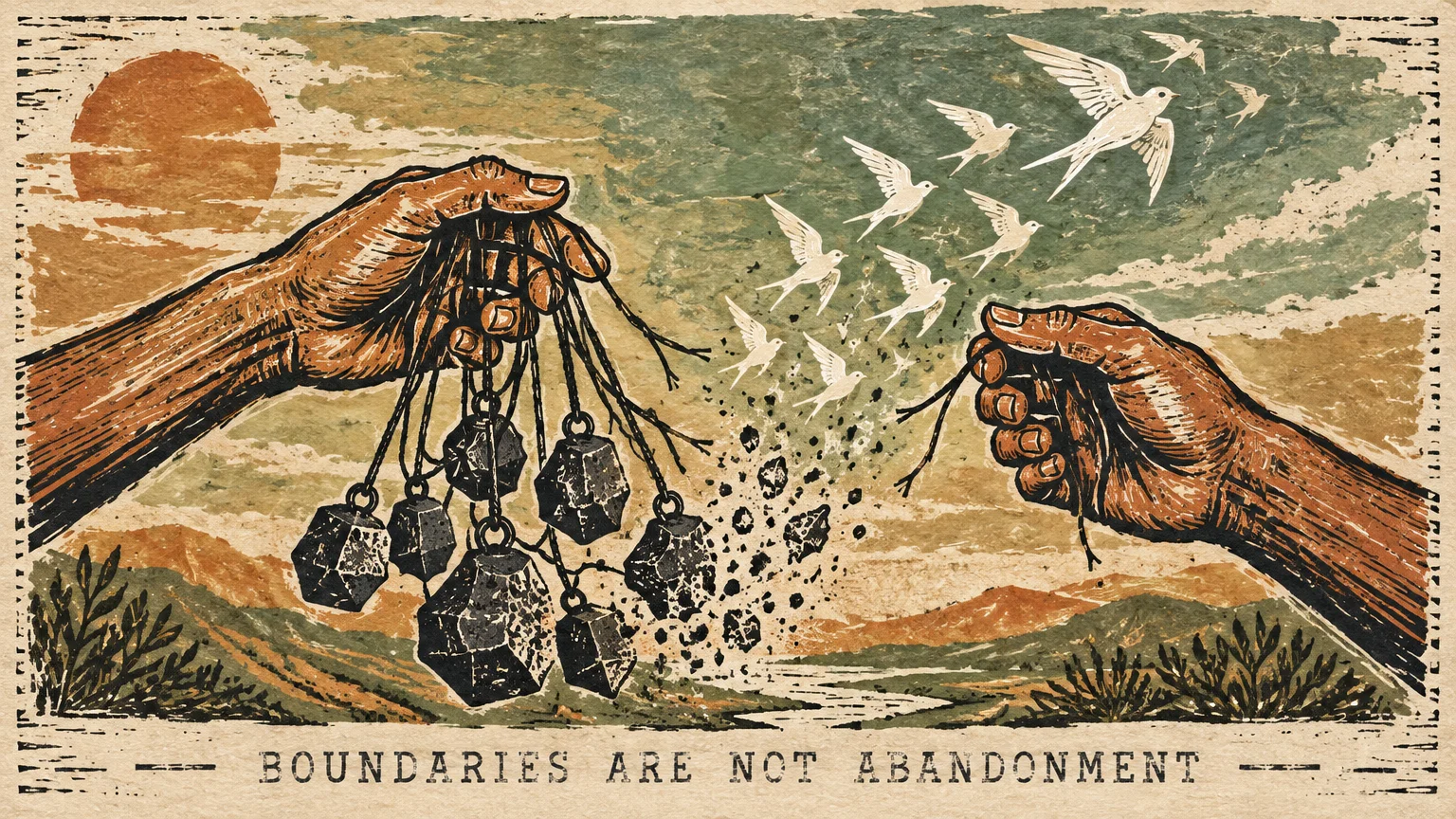 Illustration of hands cutting strings holding heavy stones, which crumble into birds, above the text boundaries are not abandonment.