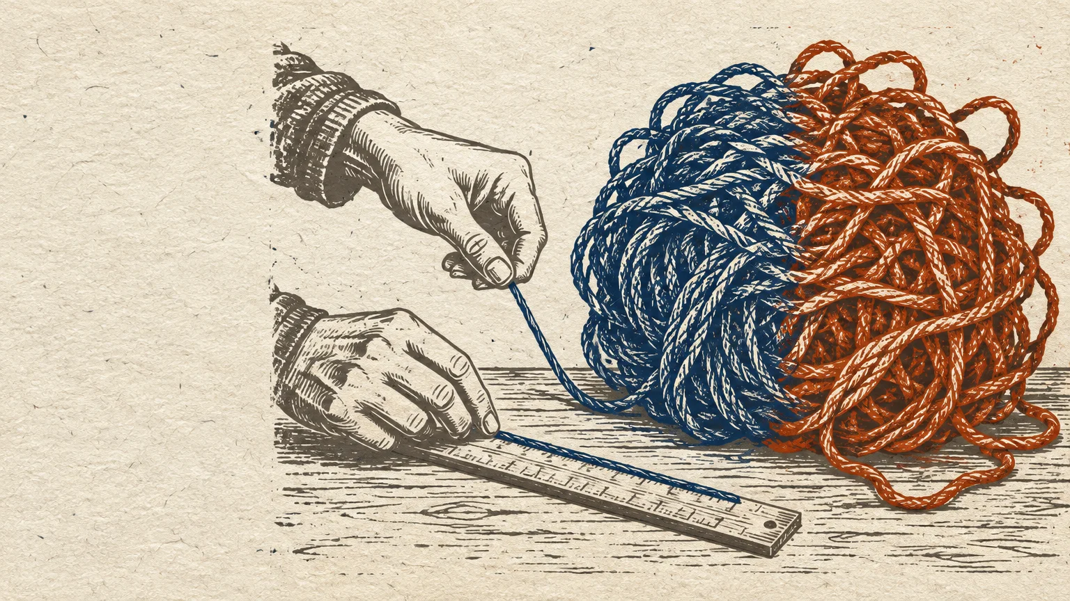 Woodcut illustration of hands pulling a thread from a large blue and orange tangled yarn ball along a ruler.