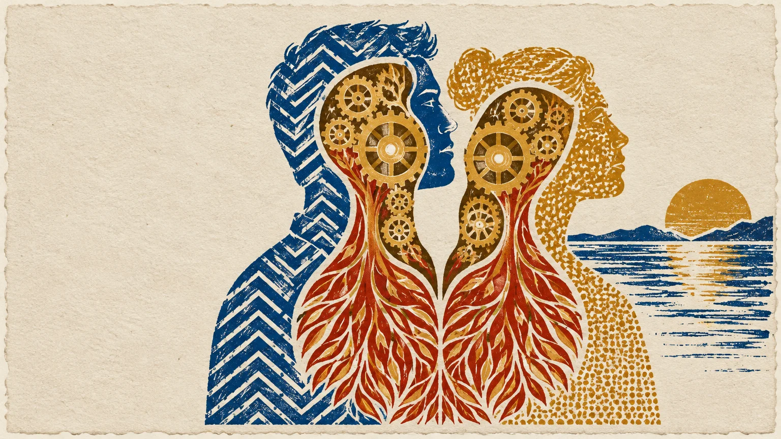 Linocut illustration of a man and woman in profile filled with interlocking gears and roots against an ocean sunset.