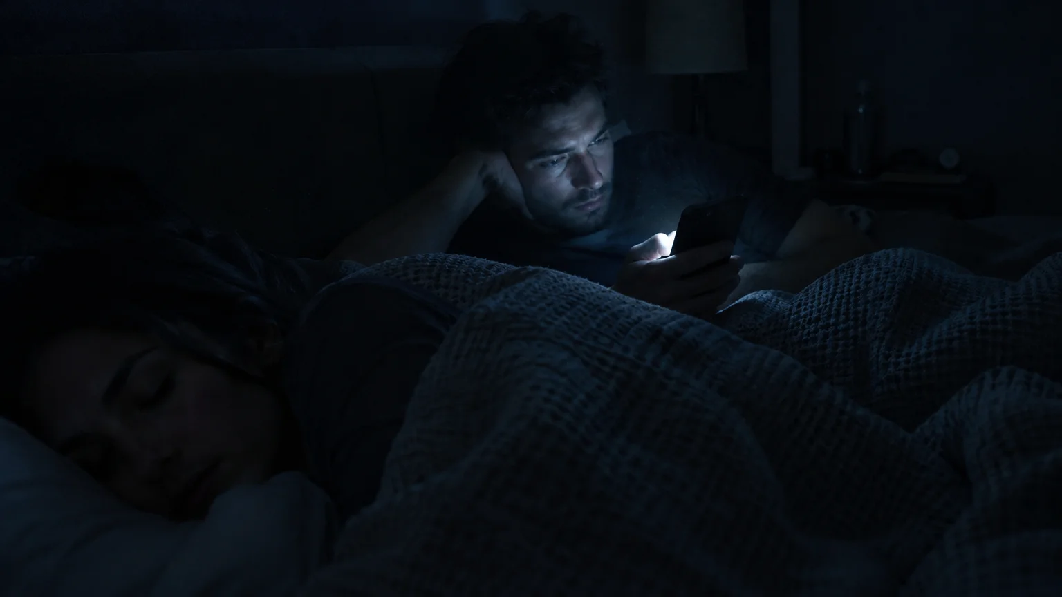 A man lies awake in a dark bed looking at a glowing smartphone beside a sleeping woman.