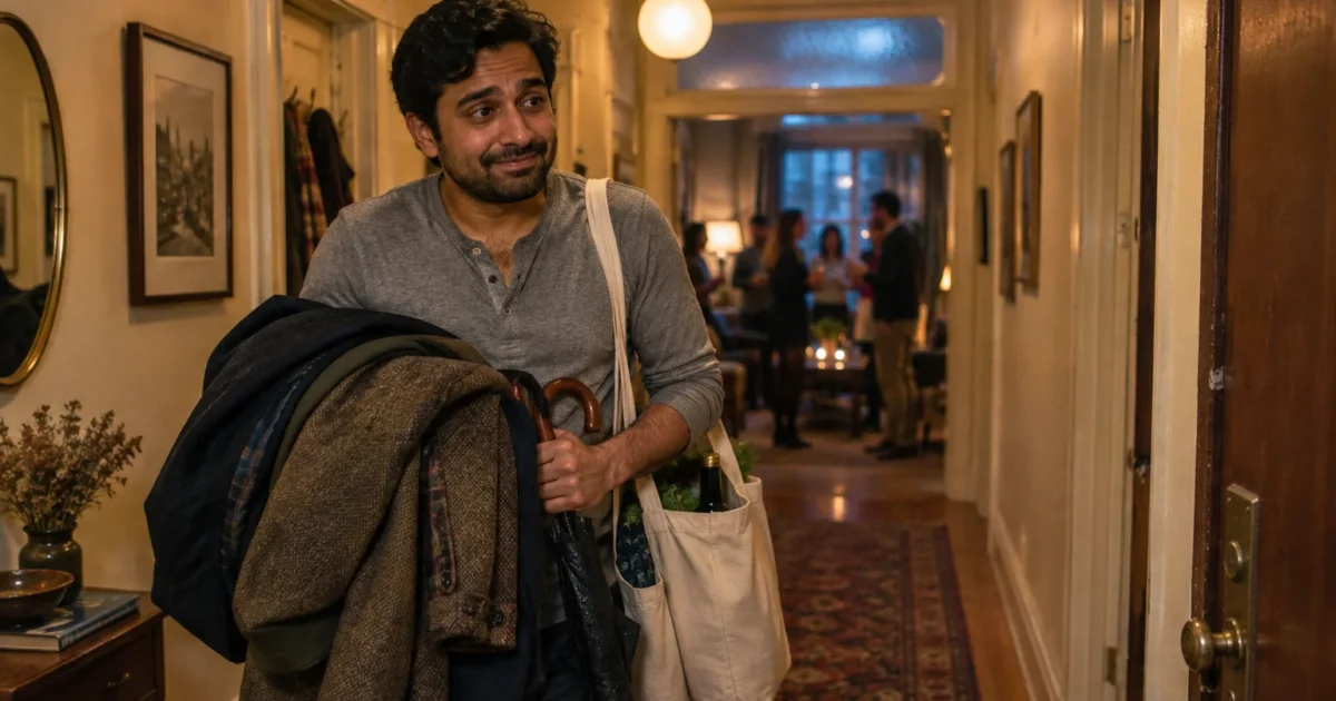 A smiling man carrying coats, an umbrella, and tote bags walks down a hallway while guests socialize in the background.