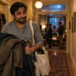 A smiling man carrying coats, an umbrella, and tote bags walks down a hallway while guests socialize in the background.