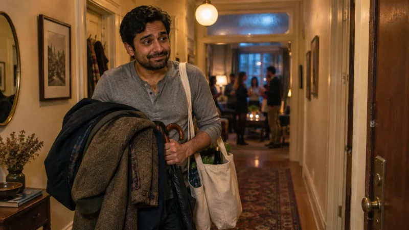 A smiling man carrying coats, an umbrella, and tote bags walks down a hallway while guests socialize in the background.