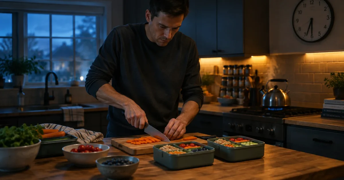 A man chopping carrots in a dimly lit kitchen at night, preparing meal prep containers on a wooden island.