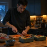 A man chopping carrots in a dimly lit kitchen at night, preparing meal prep containers on a wooden island.