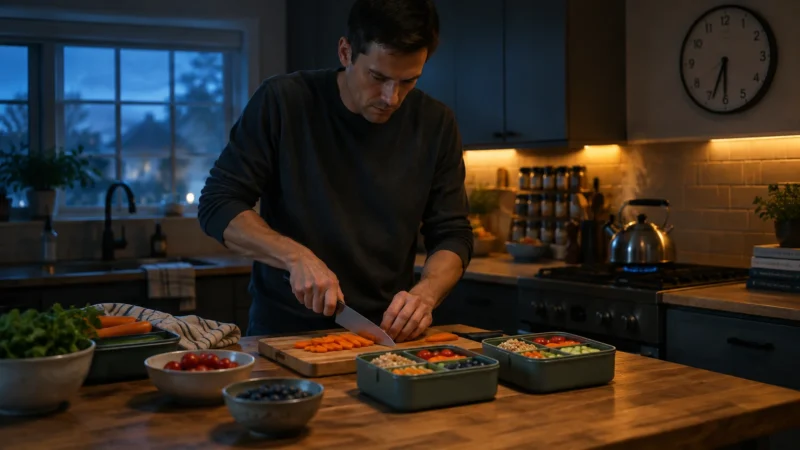 A man chopping carrots in a dimly lit kitchen at night, preparing meal prep containers on a wooden island.