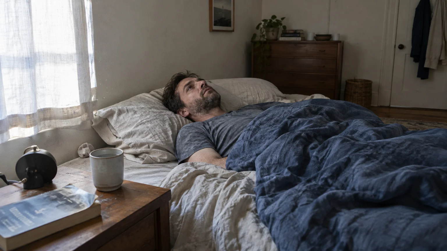 A man lies awake in bed under a blue blanket, staring up at the ceiling beside a bedside table.