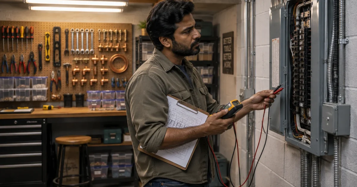 A man holding a clipboard and multimeter inspects an open electrical breaker panel in a workshop.