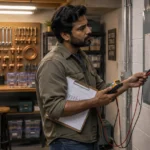 A man holding a clipboard and multimeter inspects an open electrical breaker panel in a workshop.