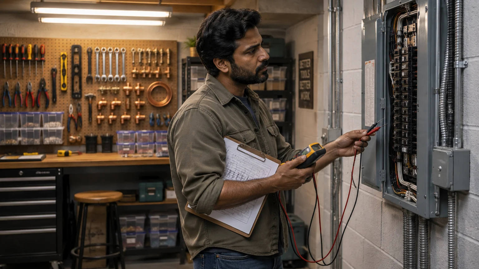 A man holding a clipboard and multimeter inspects an open electrical breaker panel in a workshop.