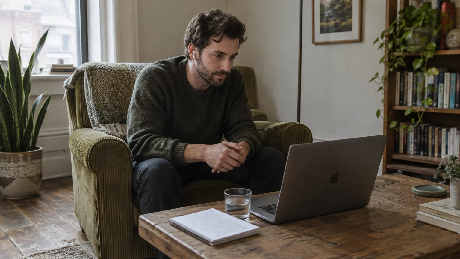 A bearded man in an olive sweater sits in an armchair listening intently to his open laptop during a video call.