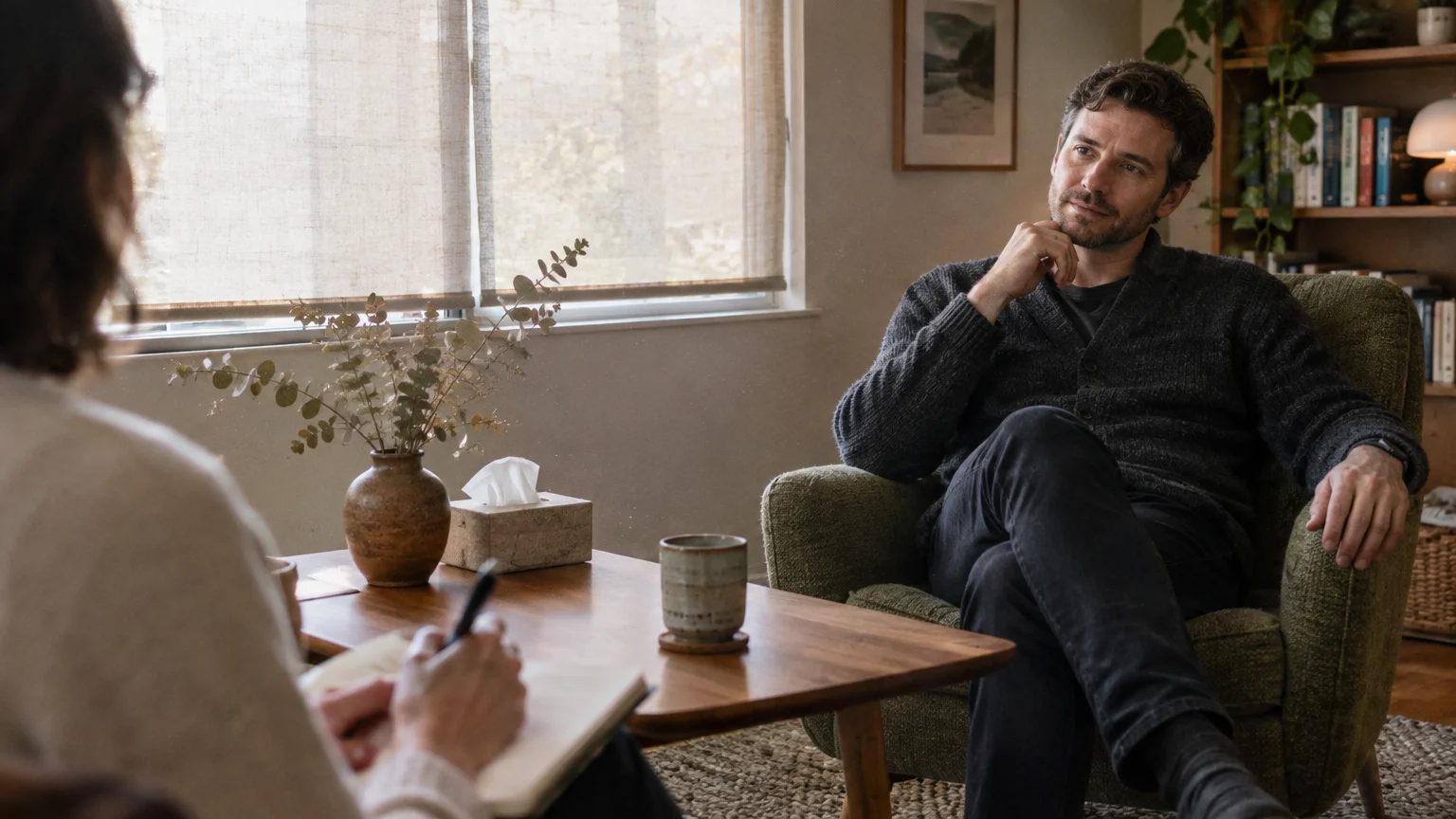 A man sits thoughtfully in an armchair facing a therapist who writes notes in an office setting.