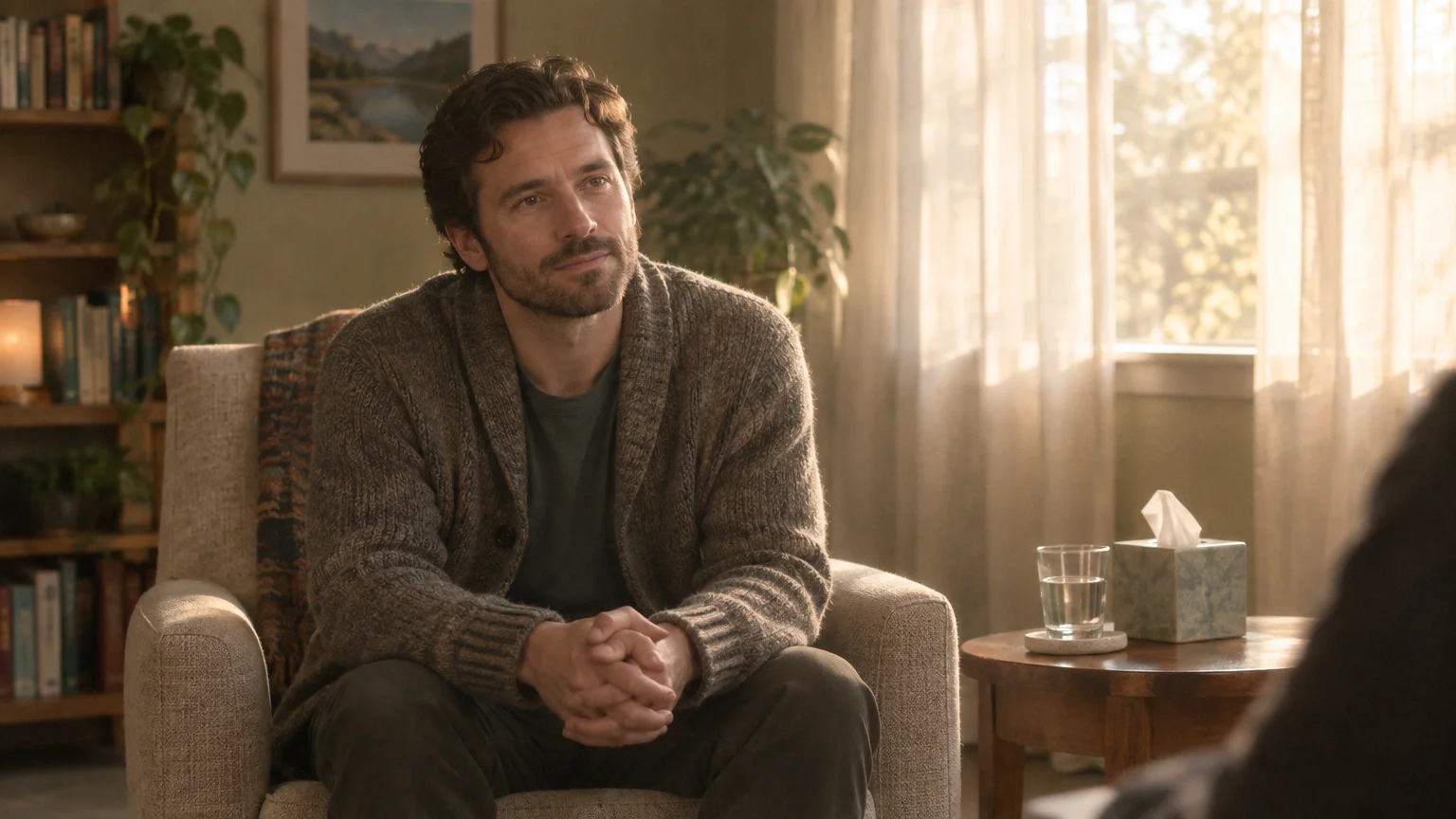 A man in a knit cardigan sits in an armchair during a session, hands clasped, listening beside a side table with tissues.