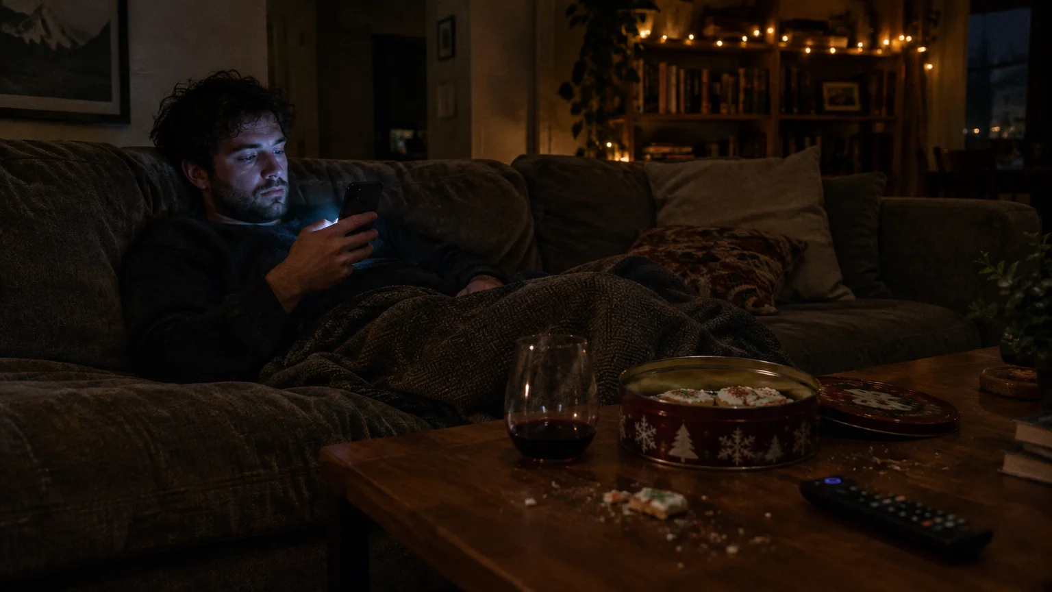 A man lies on a couch looking at his glowing smartphone near wine, holiday cookies, and a remote on a coffee table.
