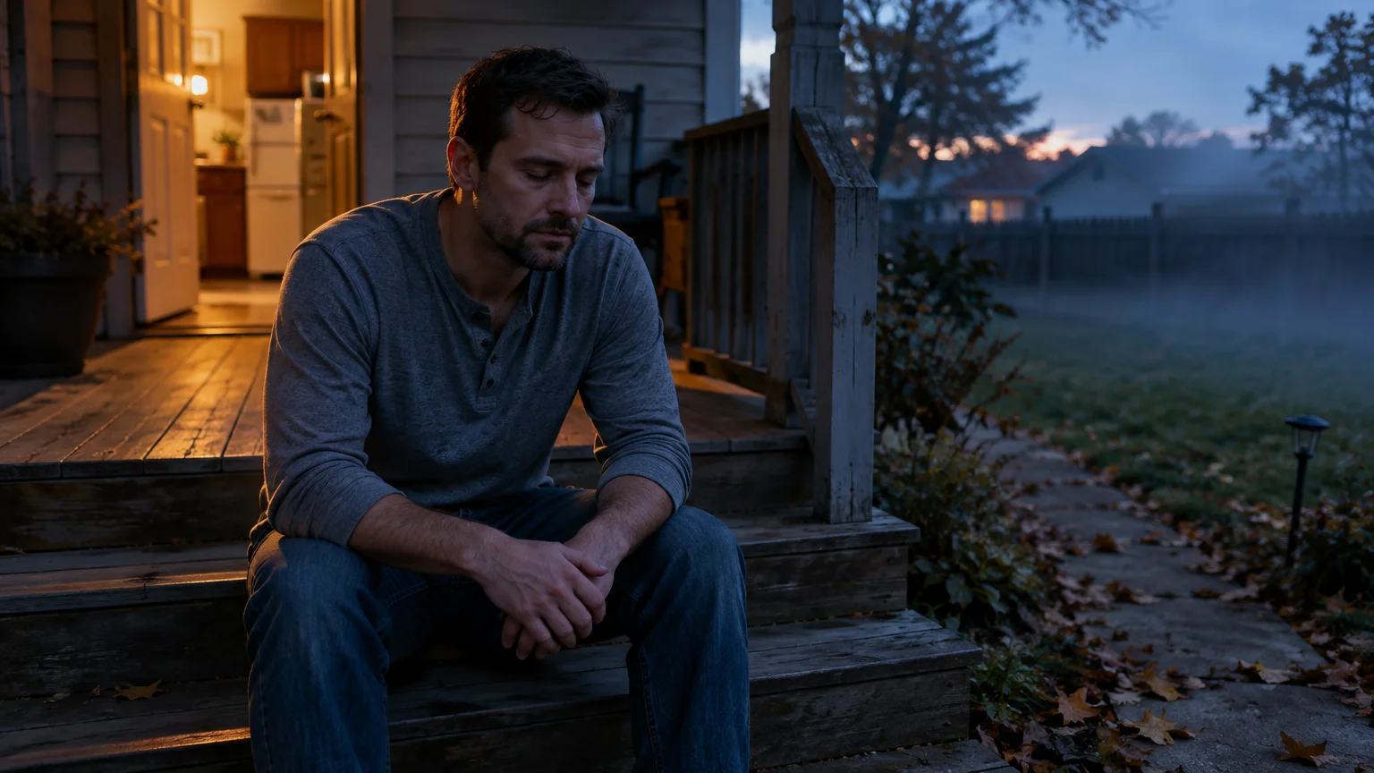 A man sits somberly on the wooden steps of a porch at dusk with his head bowed and hands clasped.