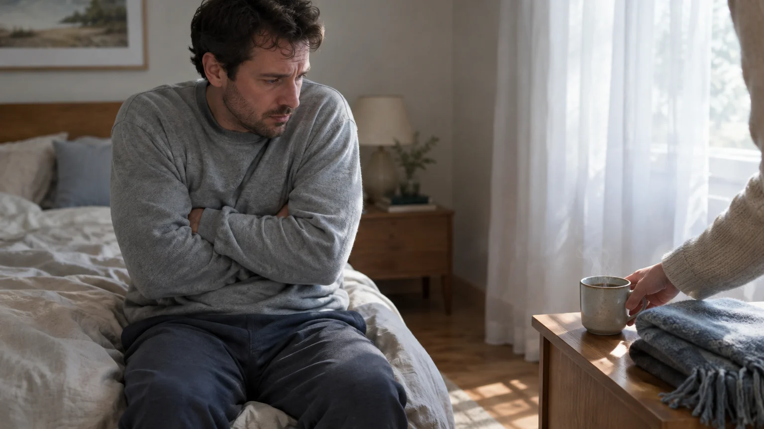 Man sits on a bed with arms crossed looking away as someone sets down a steaming mug on a nightstand.