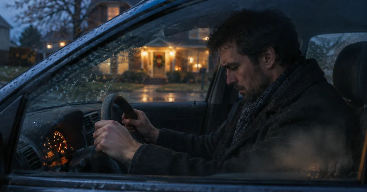 A man sits behind the steering wheel of a car parked outside a lit suburban house on a rainy evening.