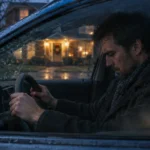 A man sits behind the steering wheel of a car parked outside a lit suburban house on a rainy evening.