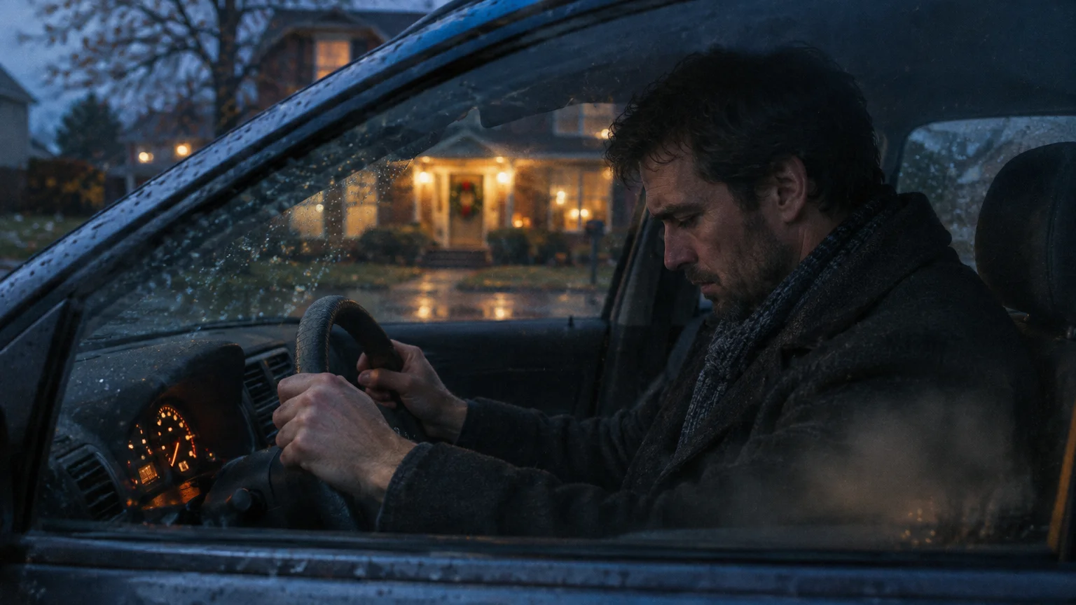 A man sits behind the steering wheel of a car parked outside a lit suburban house on a rainy evening.
