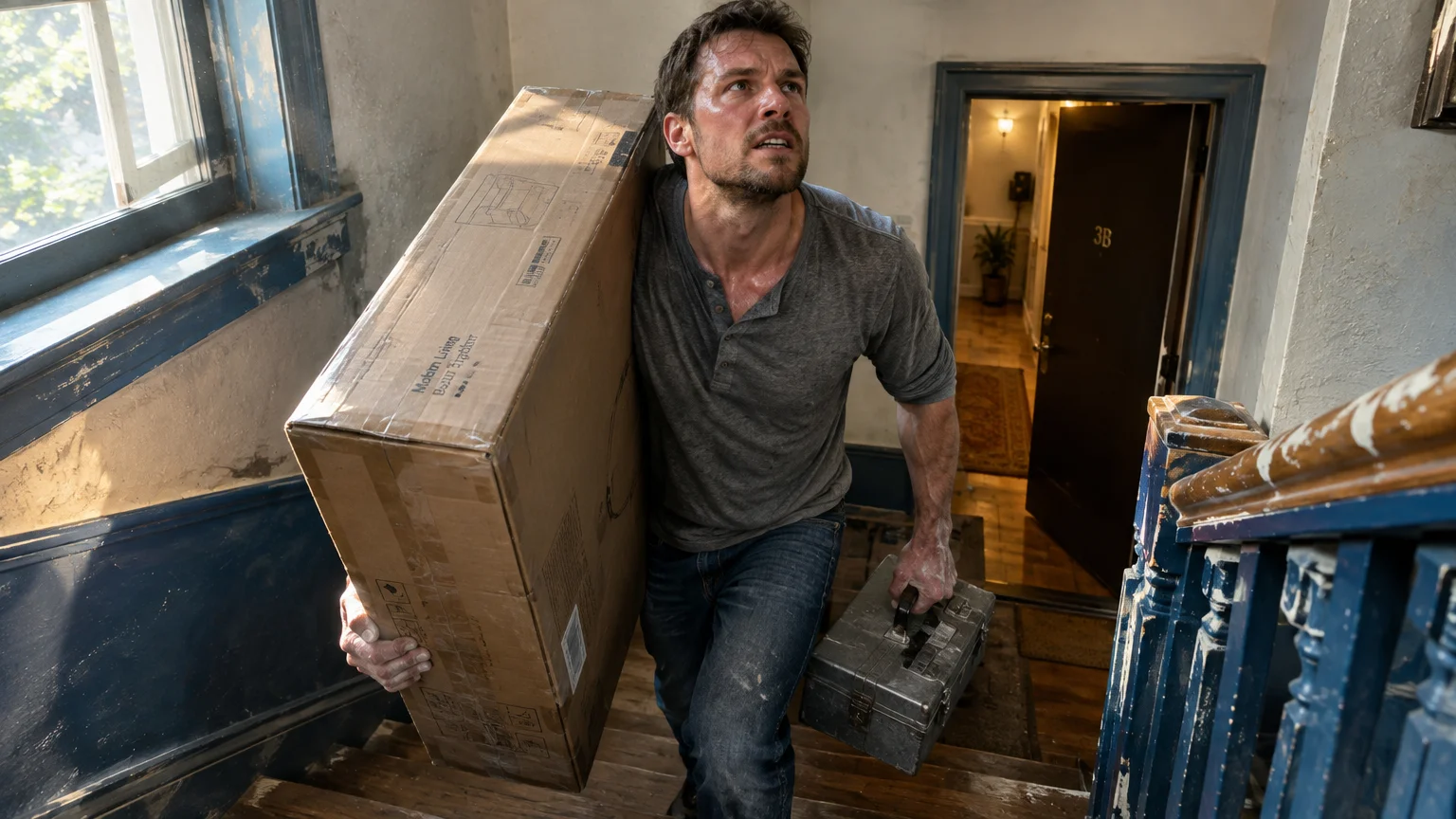 A sweaty, exhausted man carries a large cardboard box and a metal toolbox up a staircase.