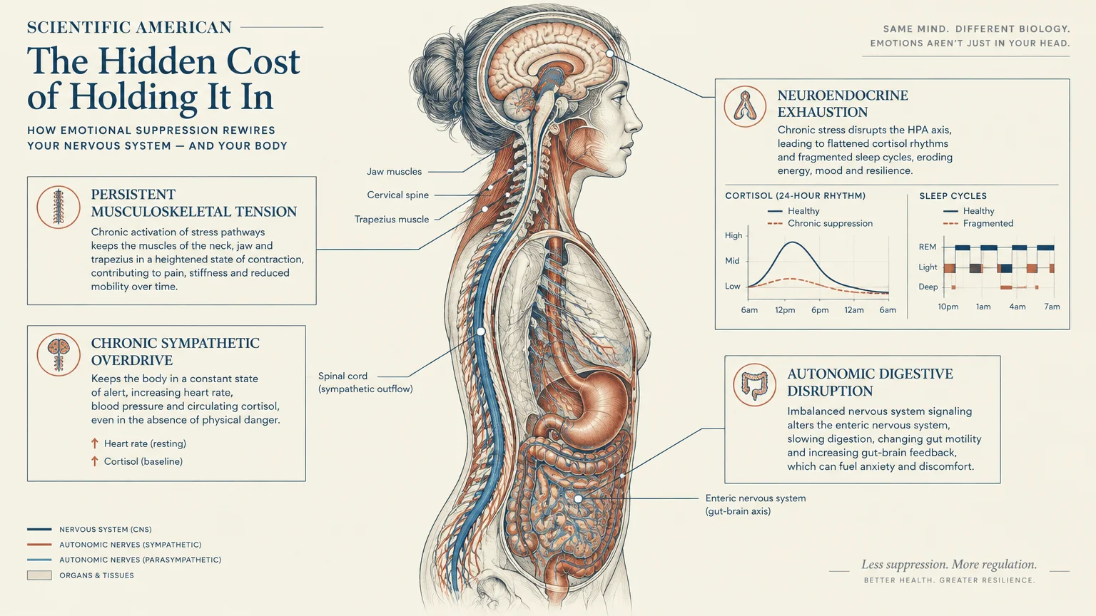 Anatomical diagram of a human profile showing internal organs, nervous system pathways, and stress response charts.