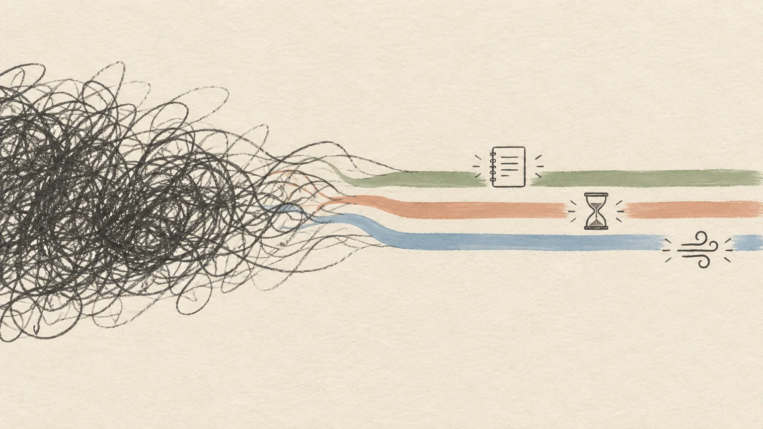 Tangled black scribbles unravel into three neat green, orange, and blue lines with notepad, hourglass, and wind icons.