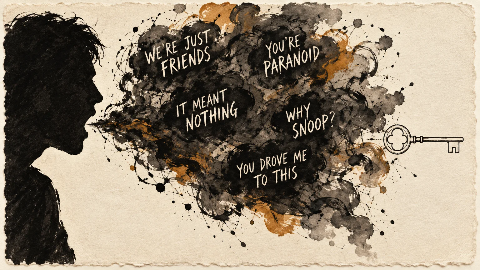 Illustration of a silhouette shouting dark smoke filled with defensive phrases toward a key.